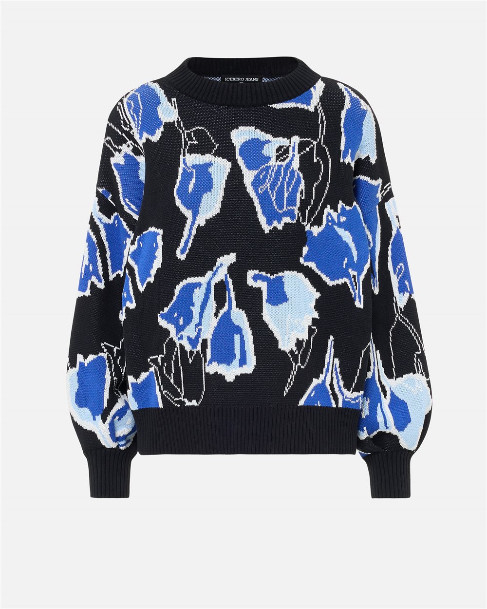 Boxy Fit Crewneck Sweater Black and Blue Pattern with Tulip Motif - Iceberg - Official Website