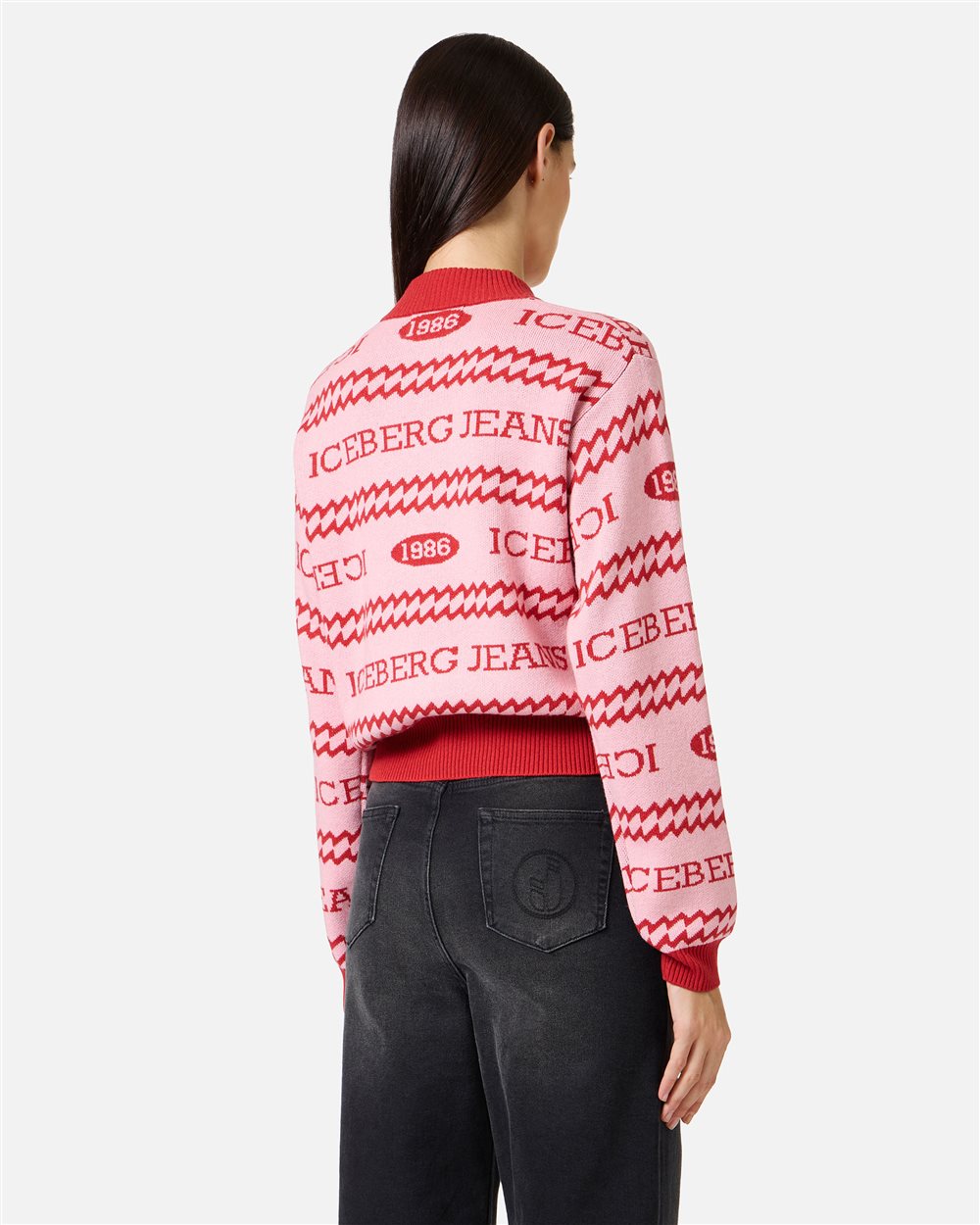 Boxy-fit crewneck sweater in pink and red jacquard with Iceberg 1986 logo - Iceberg - Official Website