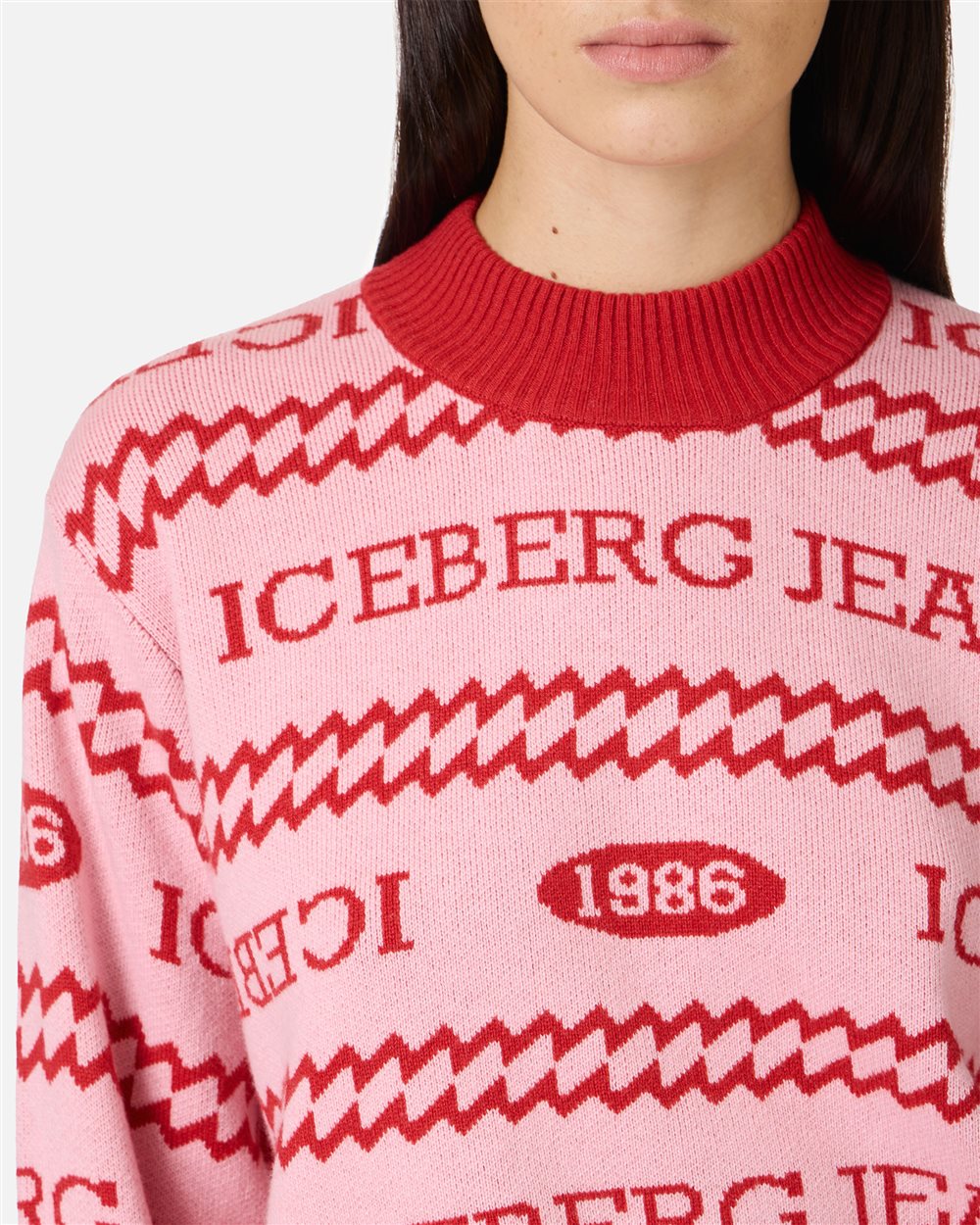 Boxy-fit crewneck sweater in pink and red jacquard with Iceberg 1986 logo - Iceberg - Official Website