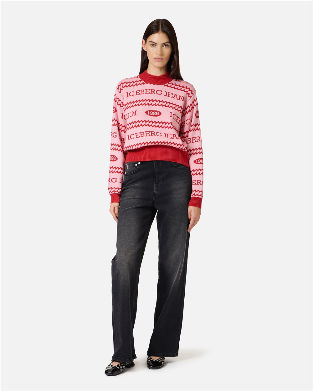 Boxy-fit crewneck sweater in pink and red jacquard with Iceberg 1986 logo - Iceberg - Official Website