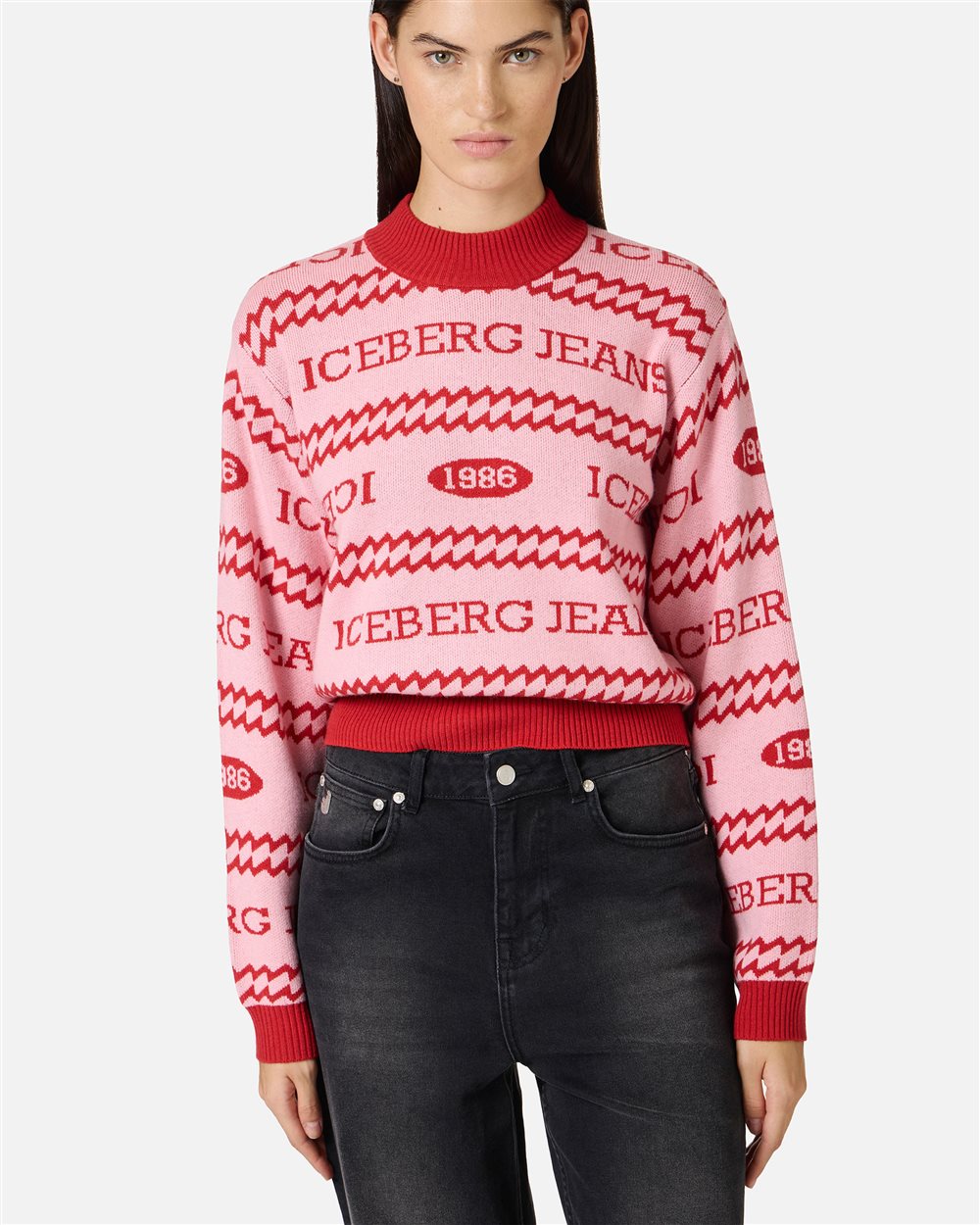 Boxy-fit crewneck sweater in pink and red jacquard with Iceberg 1986 logo - Iceberg - Official Website