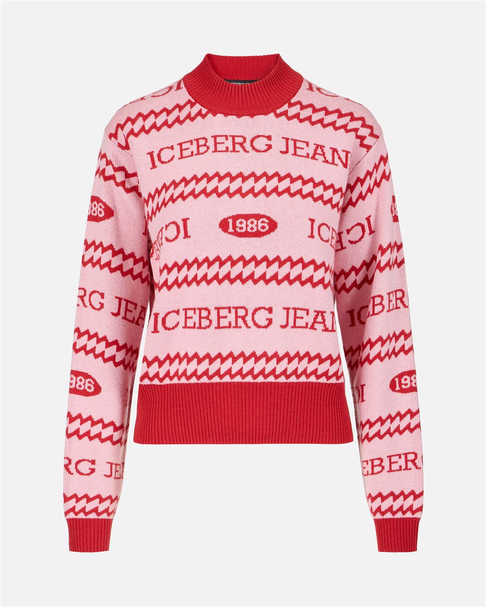 Boxy-fit crewneck sweater in pink and red jacquard with Iceberg 1986 logo - Iceberg - Official Website