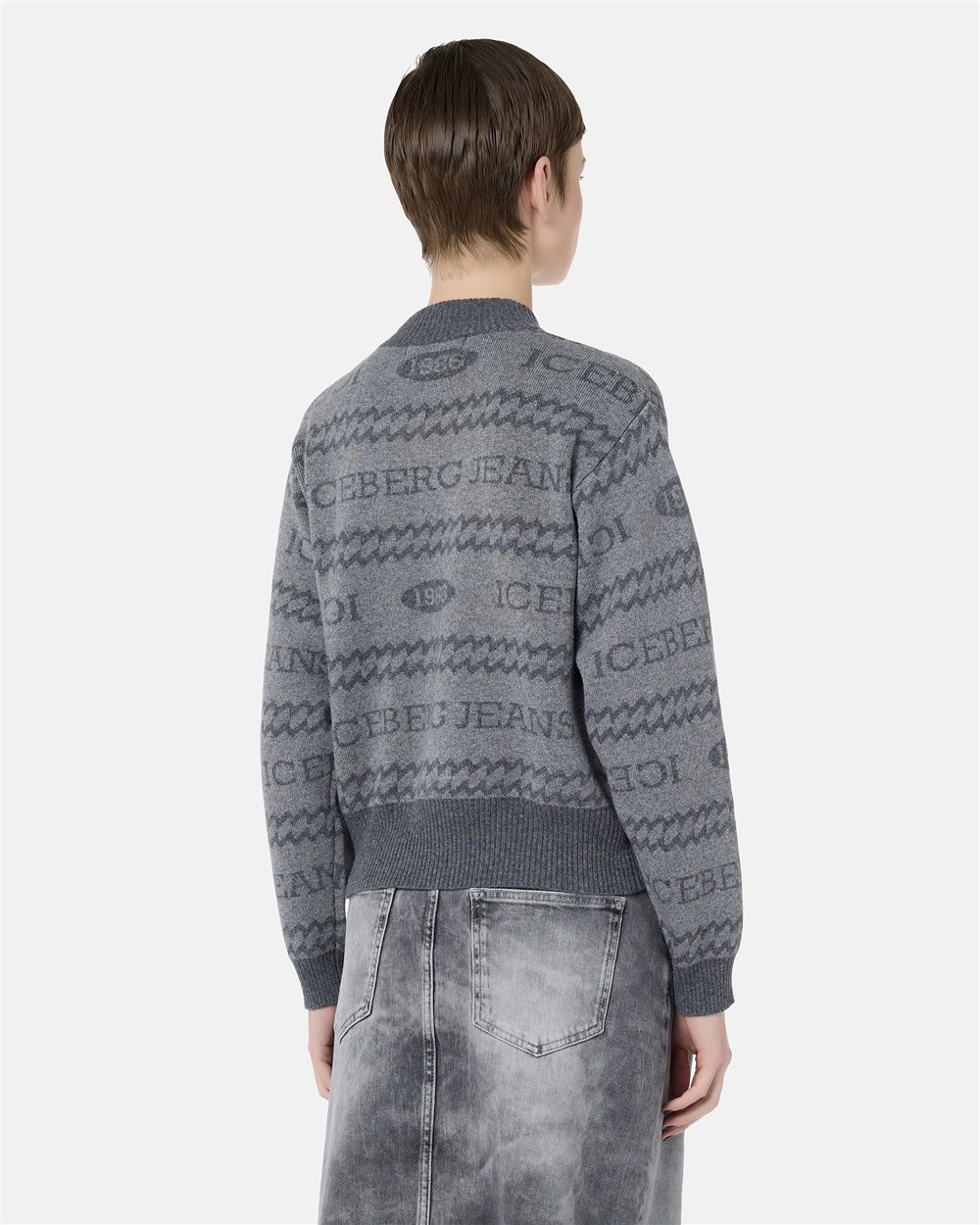 Boxy-fit crewneck sweater in light and dark gray jacquard with Iceberg 1986 logo - Iceberg - Official Website