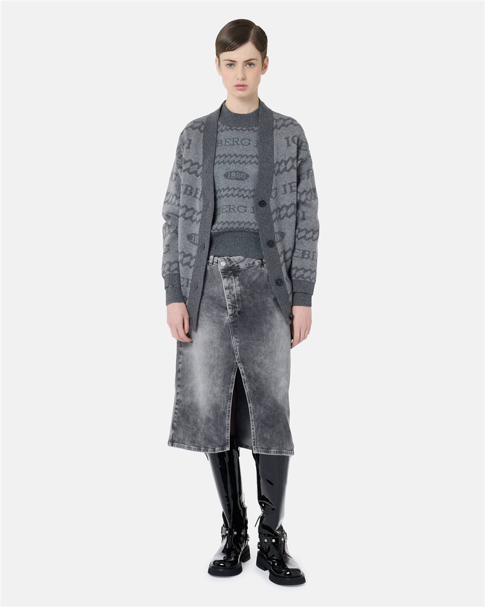Boxy-fit crewneck sweater in light and dark gray jacquard with Iceberg 1986 logo - Iceberg - Official Website