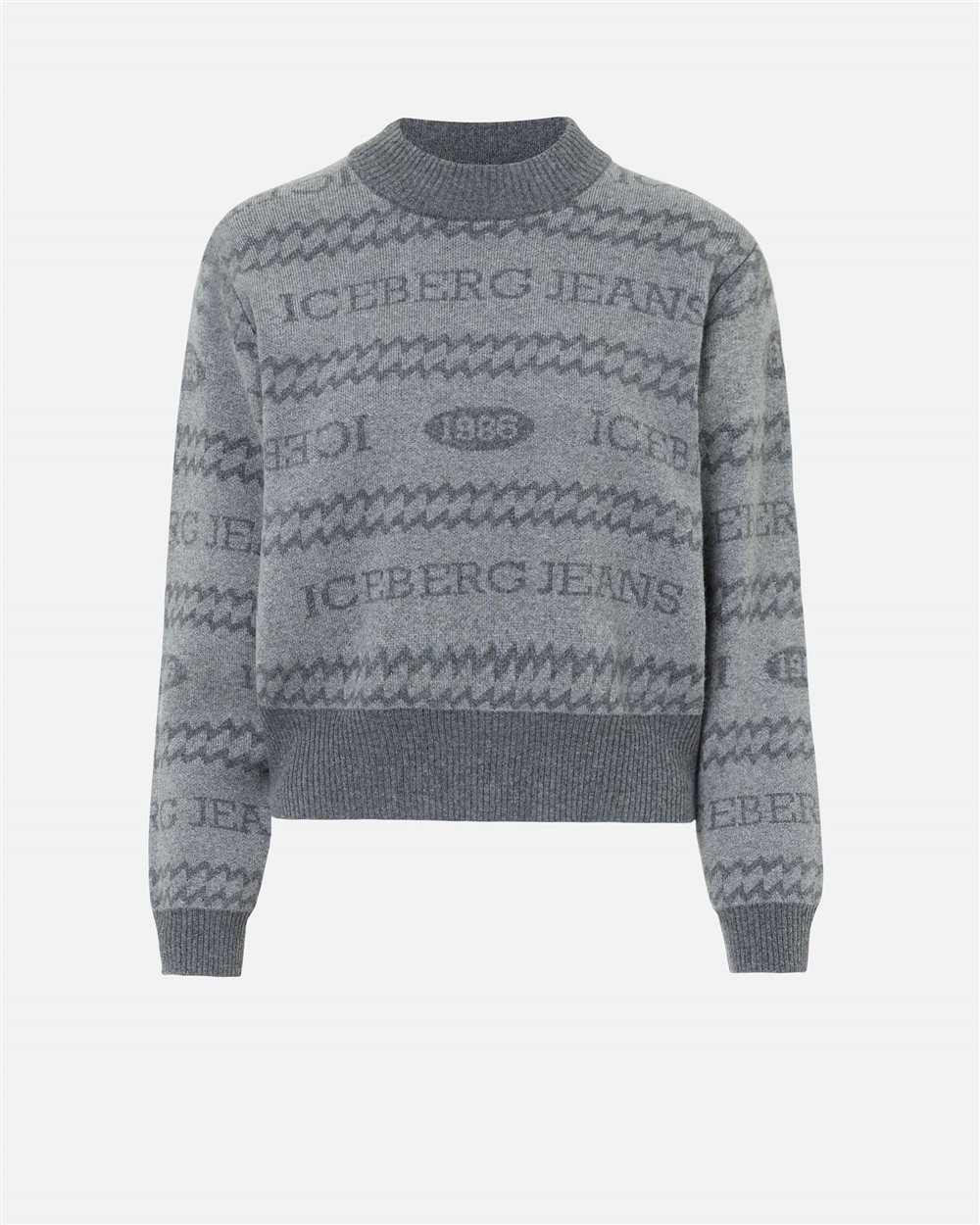 Boxy-fit crewneck sweater in light and dark gray jacquard with Iceberg 1986 logo - Iceberg - Official Website