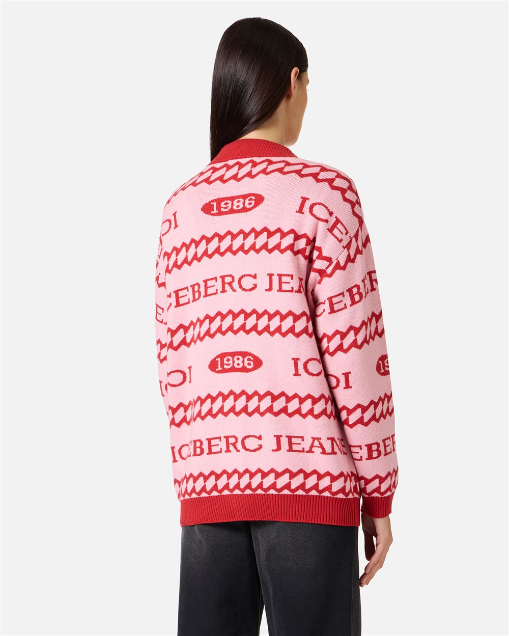 Relaxed-fit cardigan in pink and red jacquard with Iceberg 1986 logo - Iceberg - Official Website