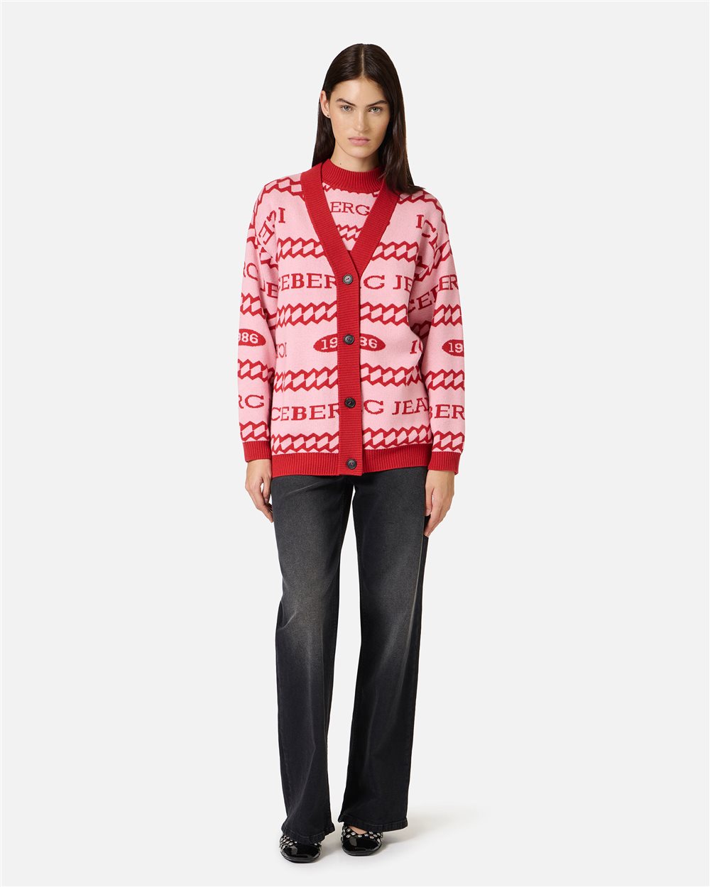 Relaxed-fit cardigan in pink and red jacquard with Iceberg 1986 logo - Iceberg - Official Website