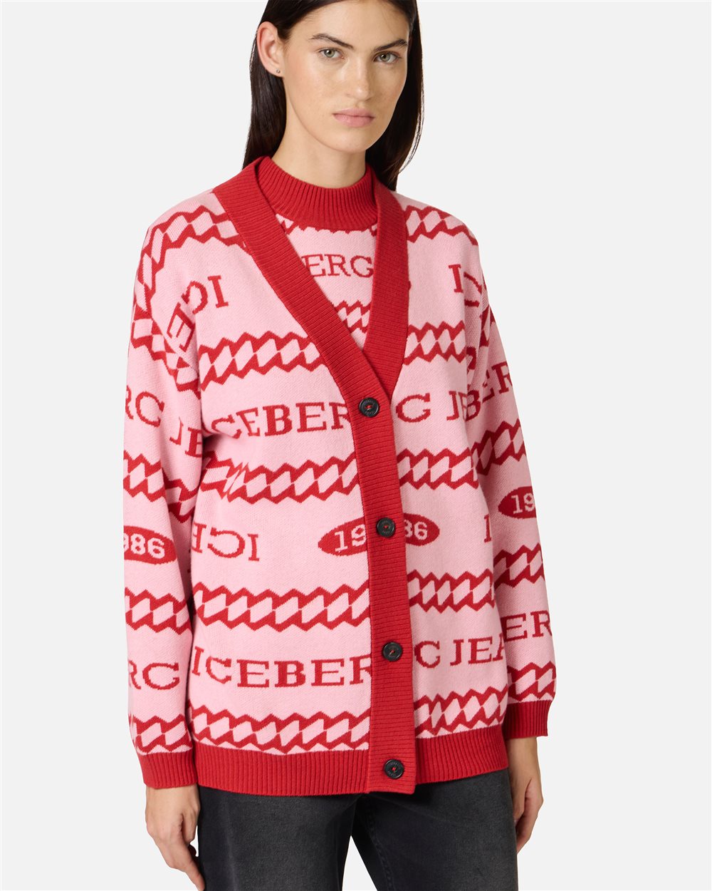 Relaxed-fit cardigan in pink and red jacquard with Iceberg 1986 logo - Iceberg - Official Website