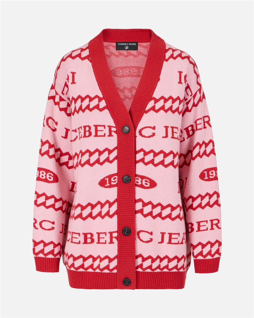 Relaxed-fit cardigan in pink and red jacquard with Iceberg 1986 logo - Iceberg - Official Website