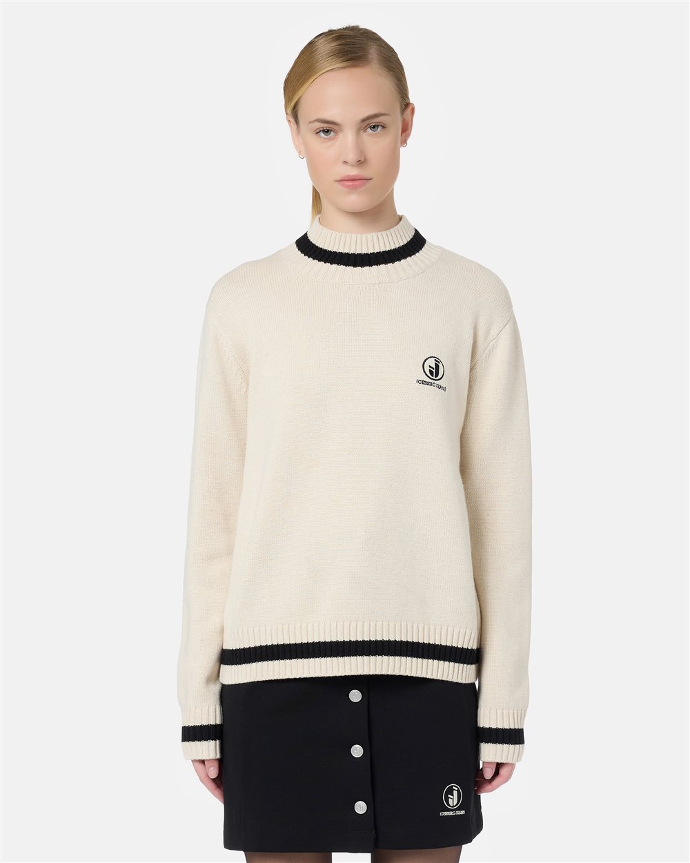 Regular Fit Ivory Mock Sweater with Contrast Stripe - Iceberg - Official Website