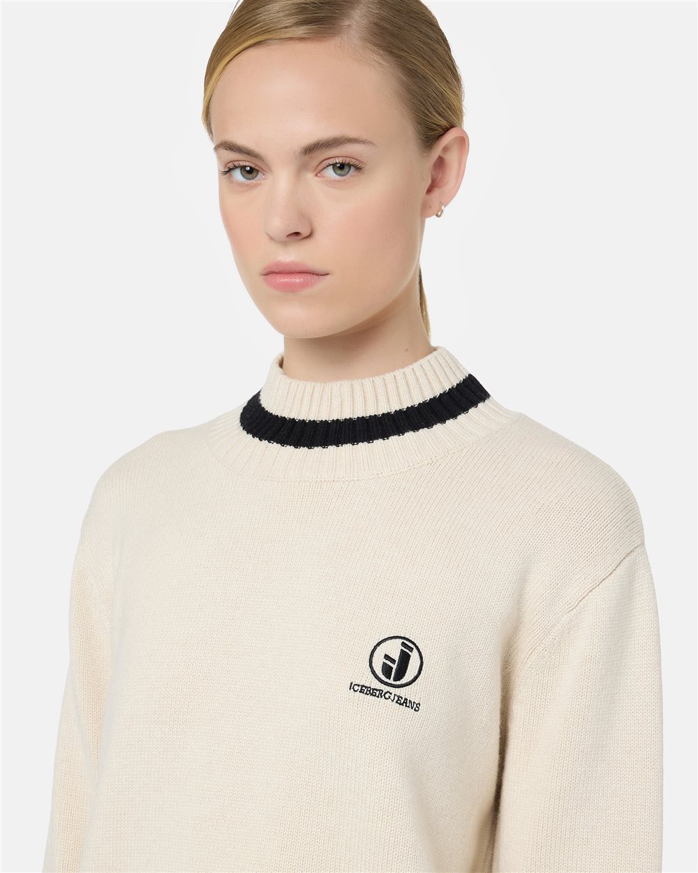 Regular Fit Ivory Mock Sweater with Contrast Stripe - Iceberg - Official Website