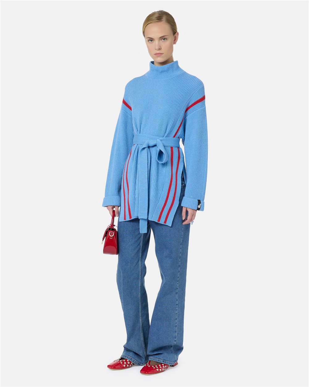 Regular-fit turquoise bouclé cardigan with eco-Mongolian collar and Iceberg detail - Iceberg - Official Website