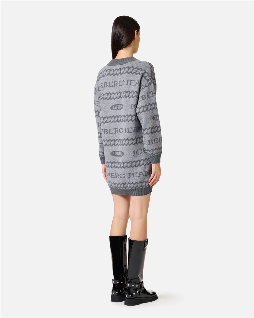 Maxi-pullover-style mini dress in gray and ivory jacquard knit with 1986 Iceberg logo - Iceberg - Official Website
