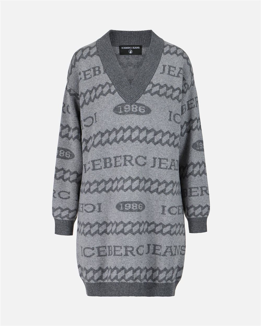 Maxi-pullover-style mini dress in gray and ivory jacquard knit with 1986 Iceberg logo - Iceberg - Official Website