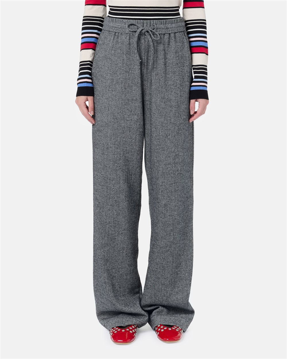 Schwarz und weiß gestreifte Couli Hose aus Wollgemisch mit Fischgrätmuster - Iceberg - Official Website