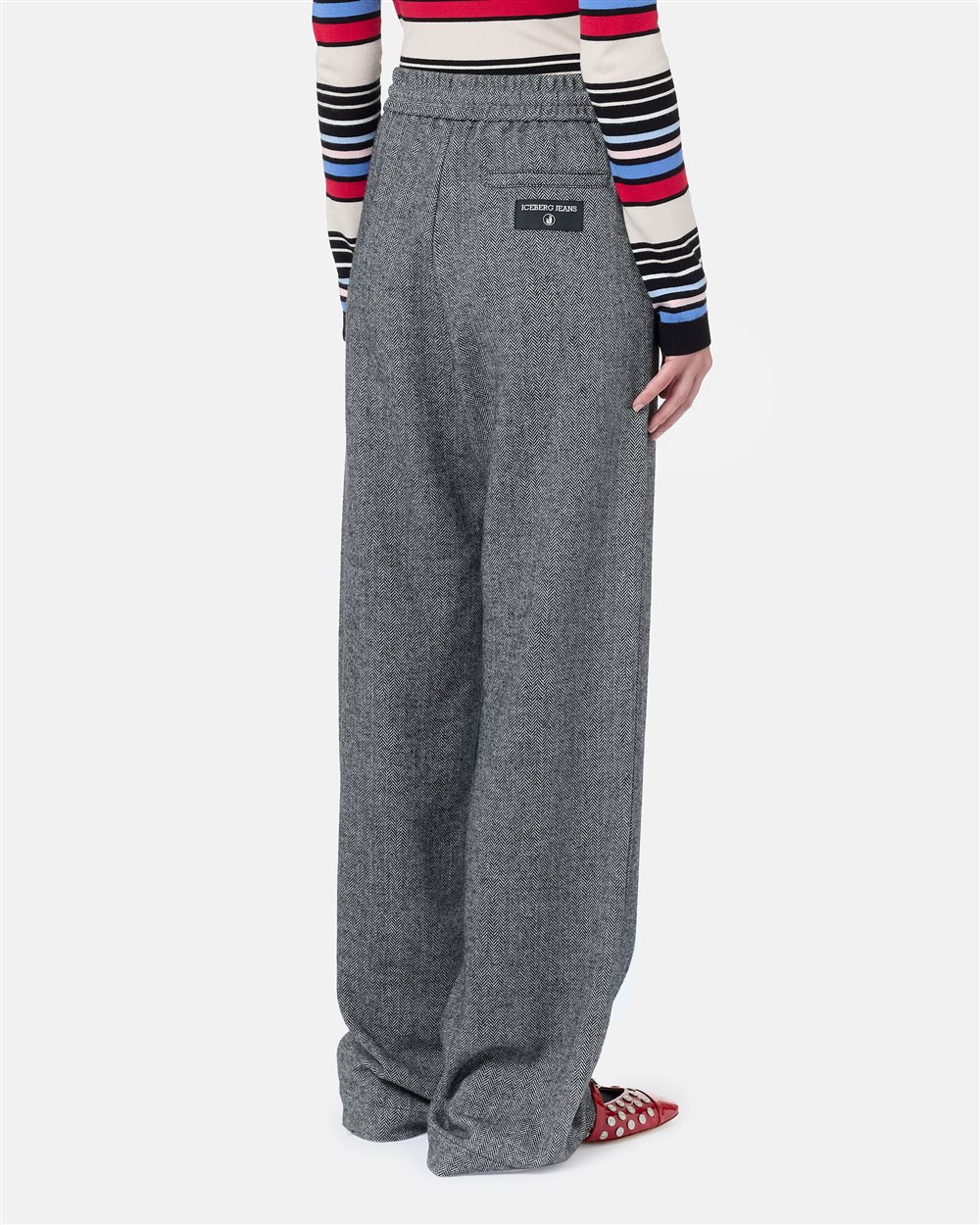 Schwarz und weiß gestreifte Couli Hose aus Wollgemisch mit Fischgrätmuster - Iceberg - Official Website