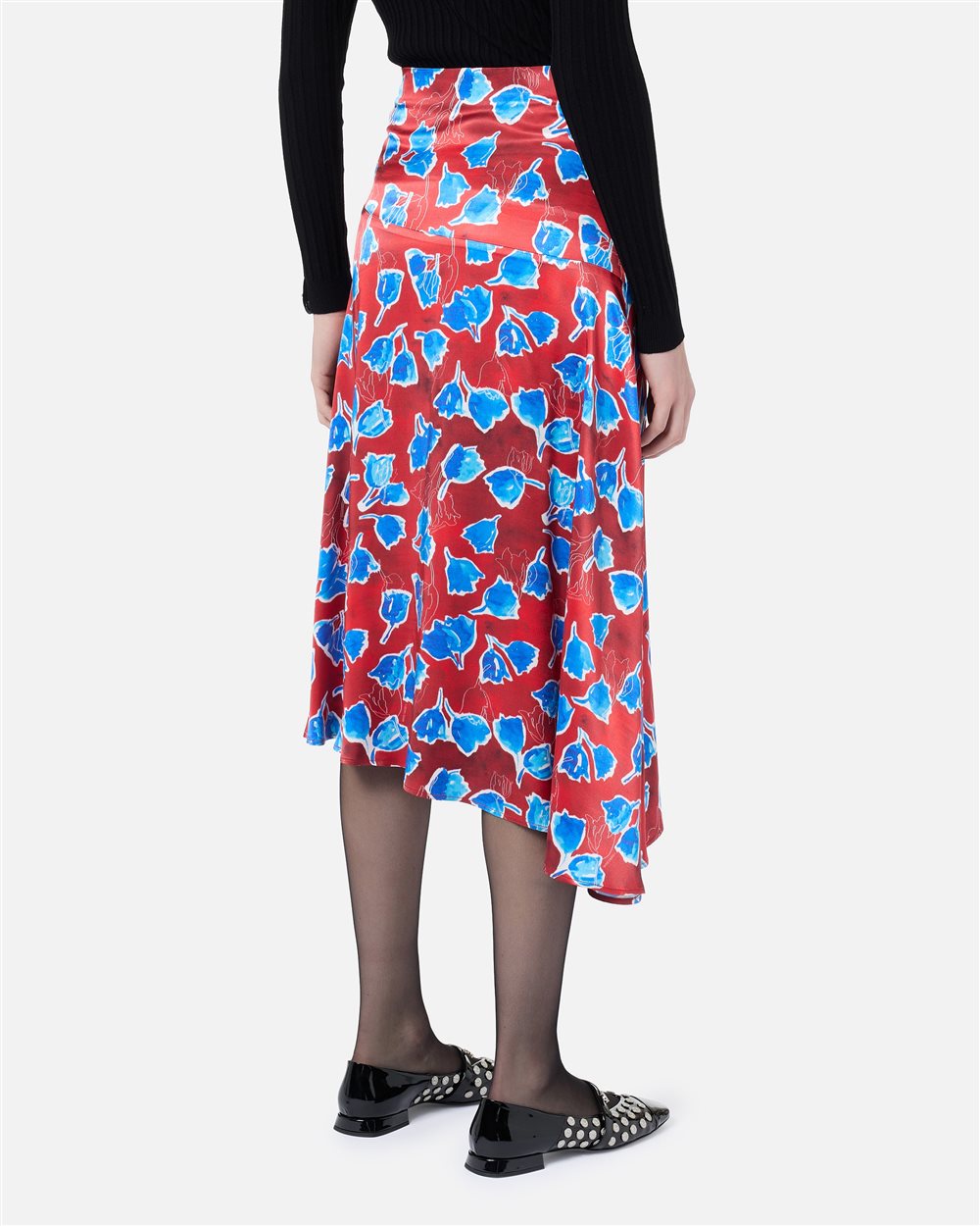 Asymmetric midi skirt in twill printed with macro-tulips in red and blue - Iceberg - Official Website