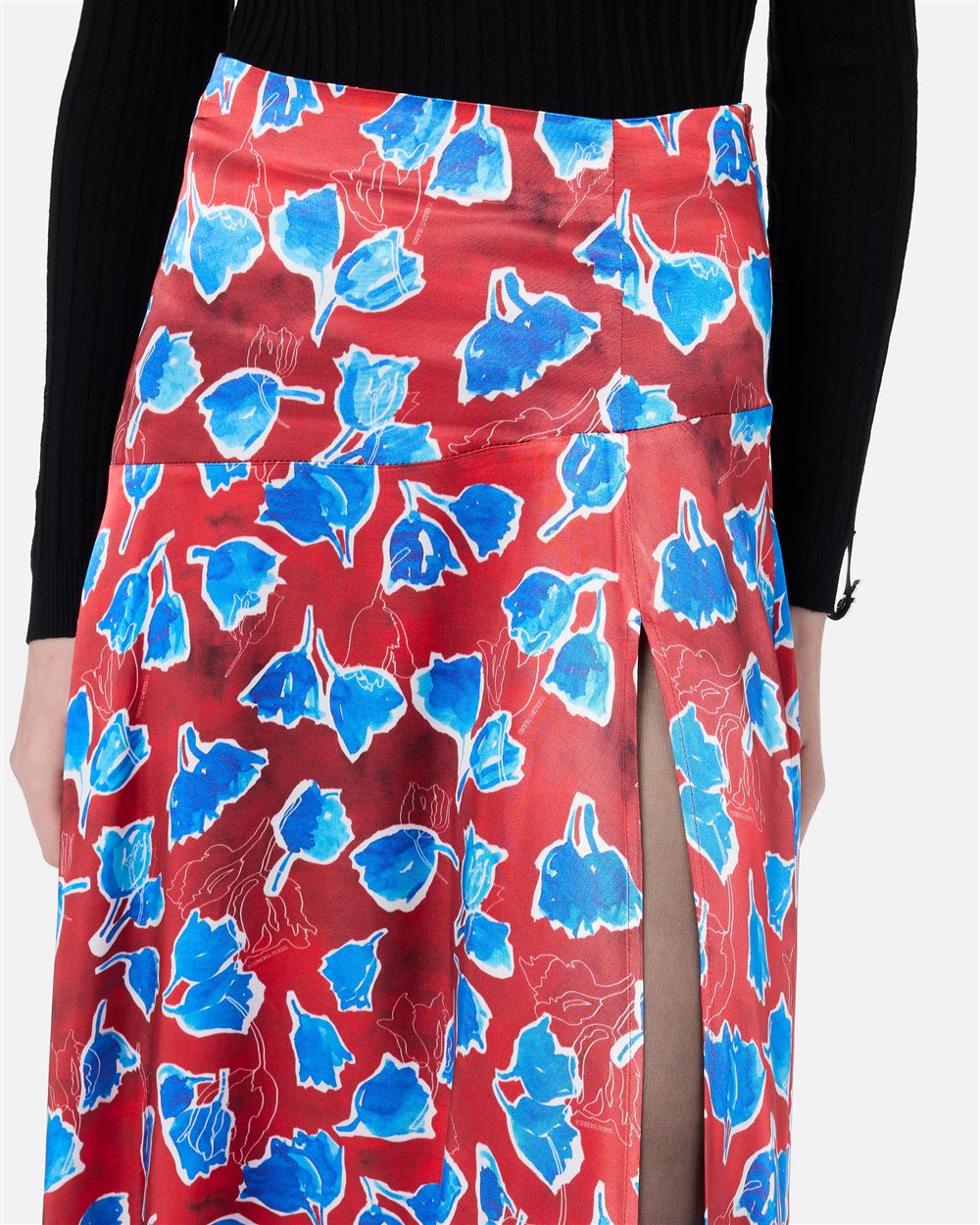 Asymmetric midi skirt in twill printed with macro-tulips in red and blue - Iceberg - Official Website