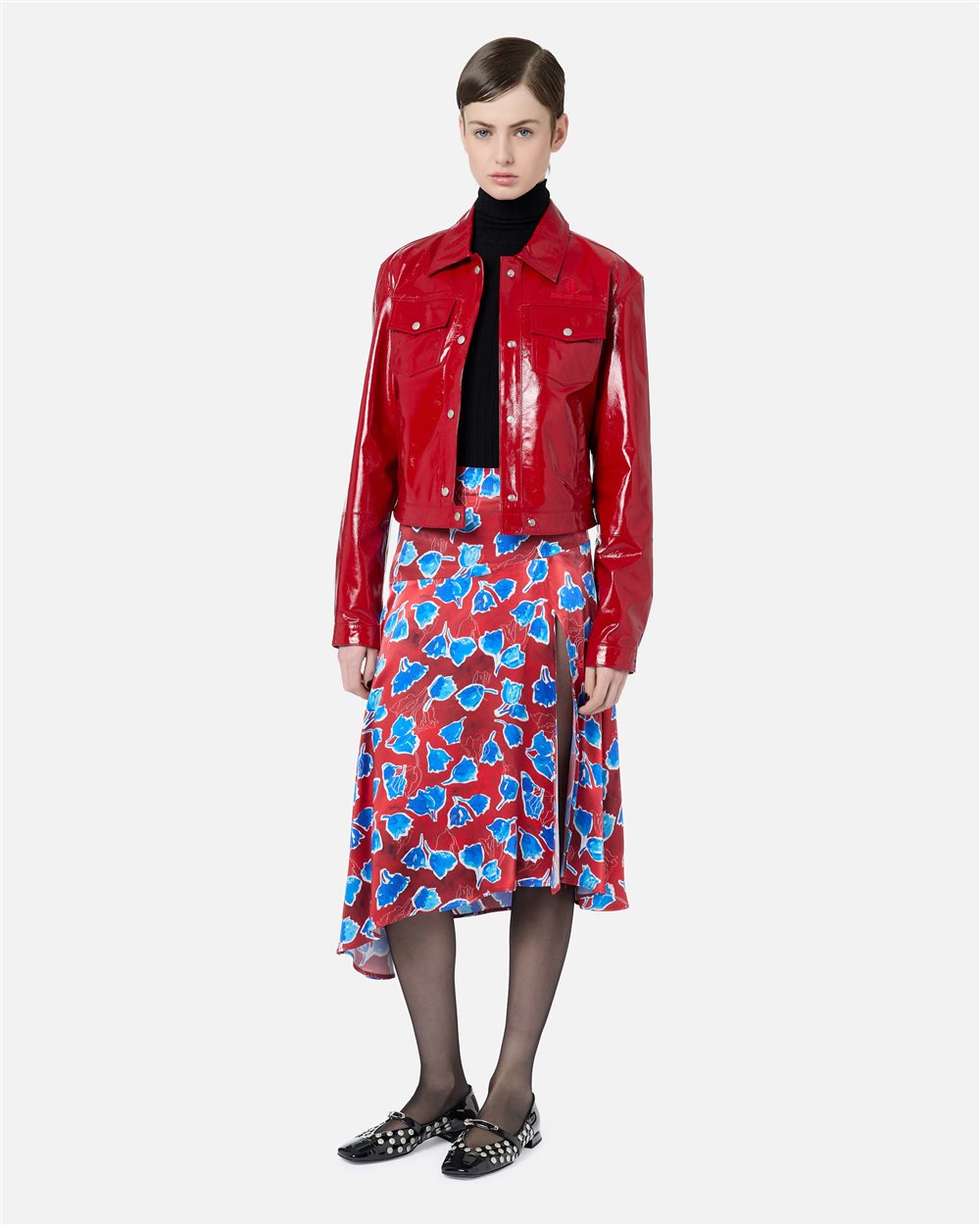 Asymmetric midi skirt in twill printed with macro-tulips in red and blue - Iceberg - Official Website