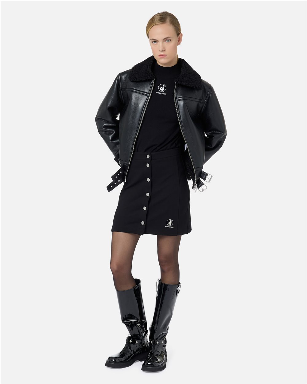 Black stretch Milano stitch miniskirt with stud buttons and Iceberg logo - Iceberg - Official Website