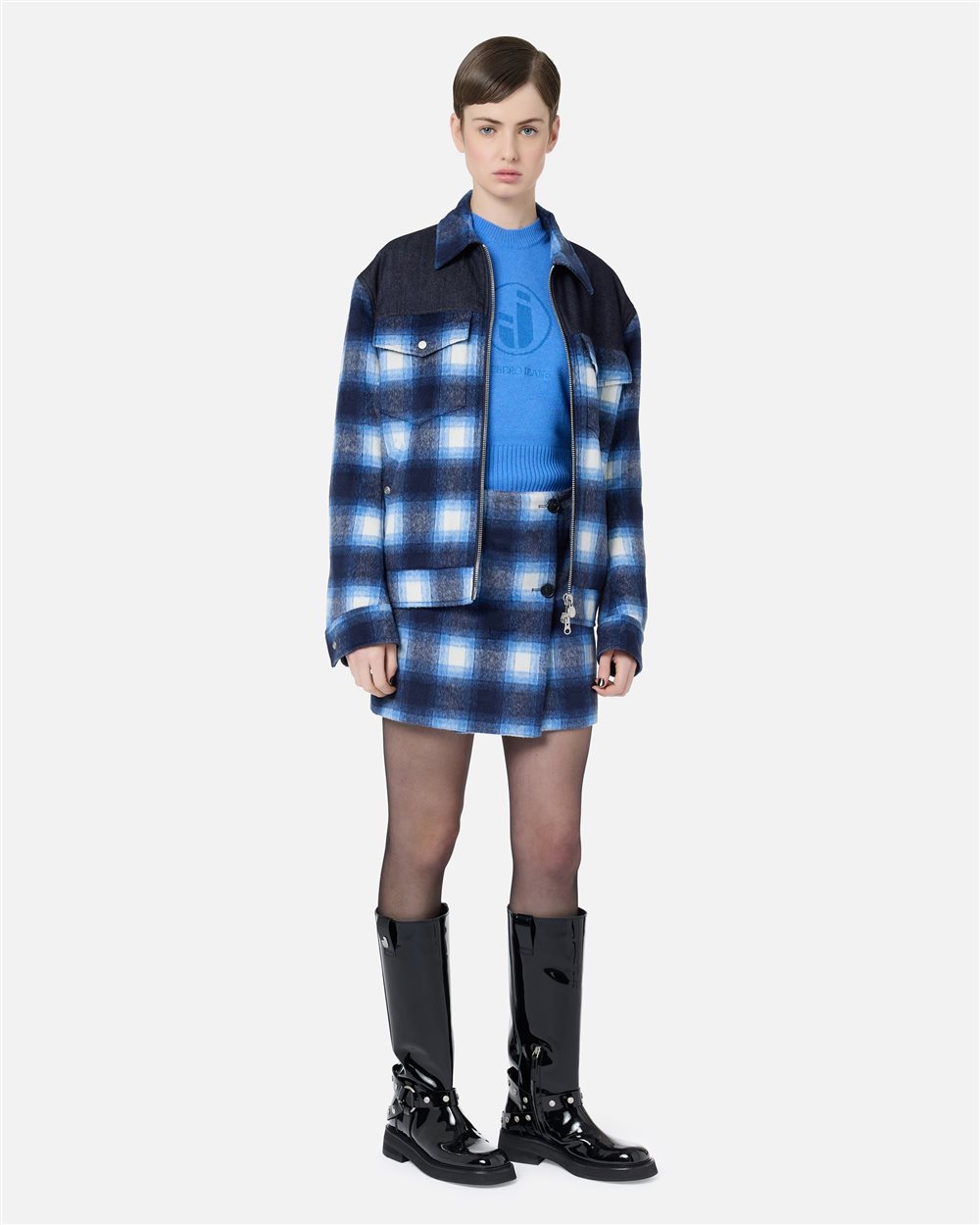 Iceberg white and blue check wool blend wrap miniskirt with buttons - Iceberg - Official Website