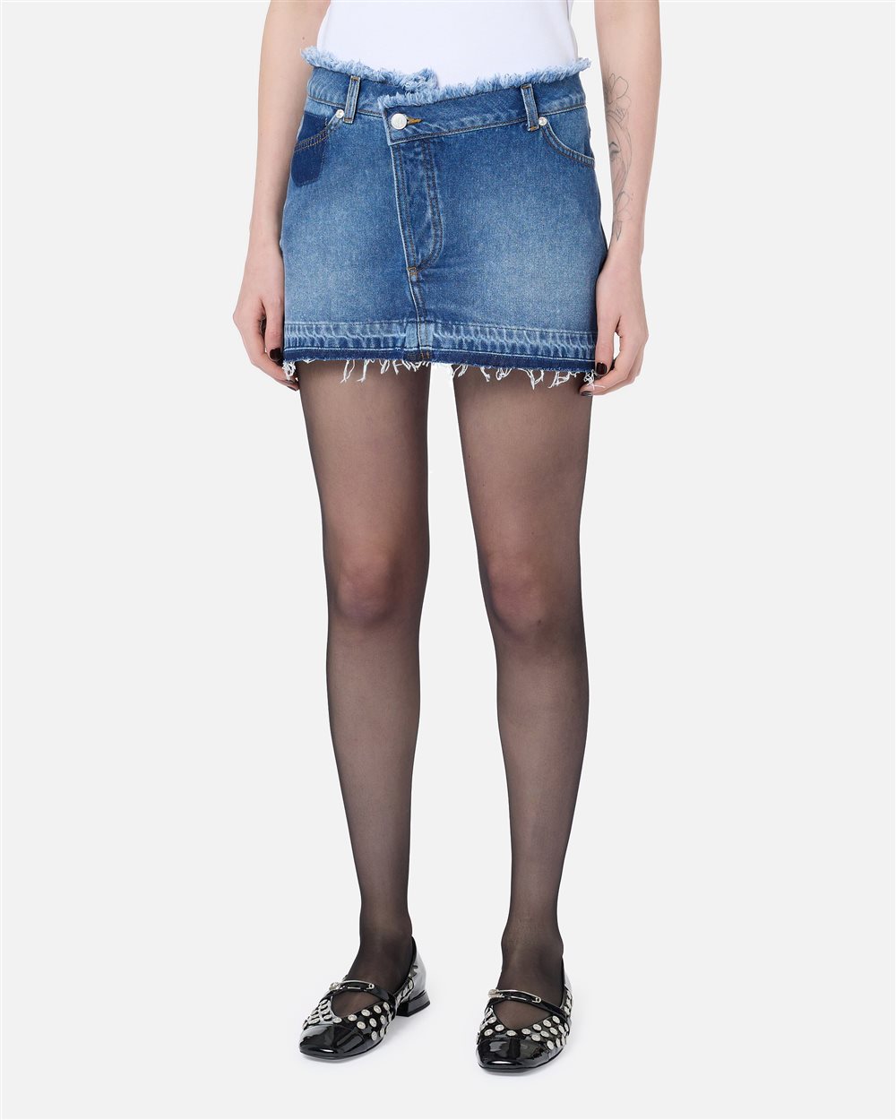 5-pocket miniskirt in stonewashed indigo denim with raw-edge details and Iceberg logo - Iceberg - Official Website