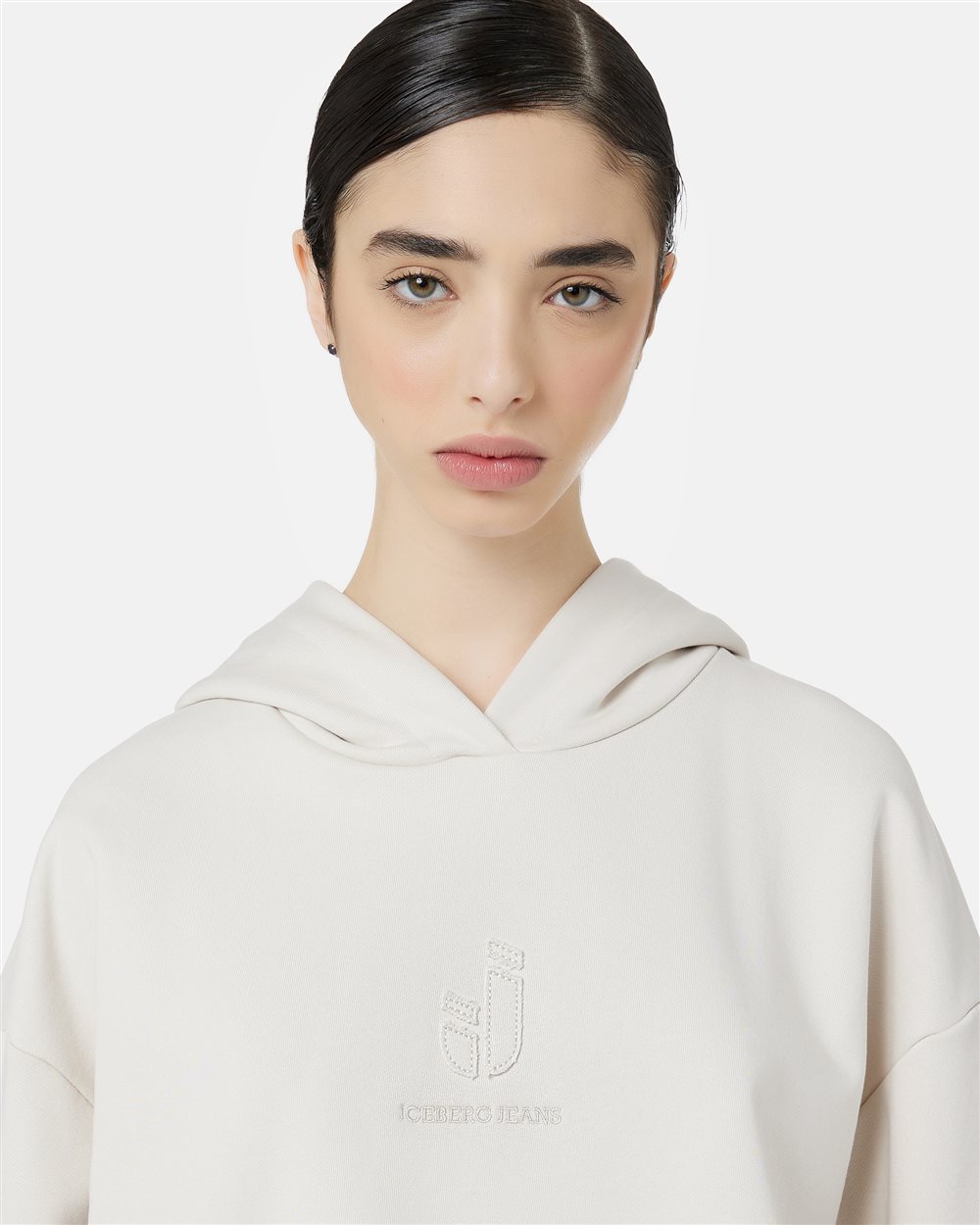 Cropped Fit Hoodie in Ivory Diagonal Fleece - Iceberg - Official Website