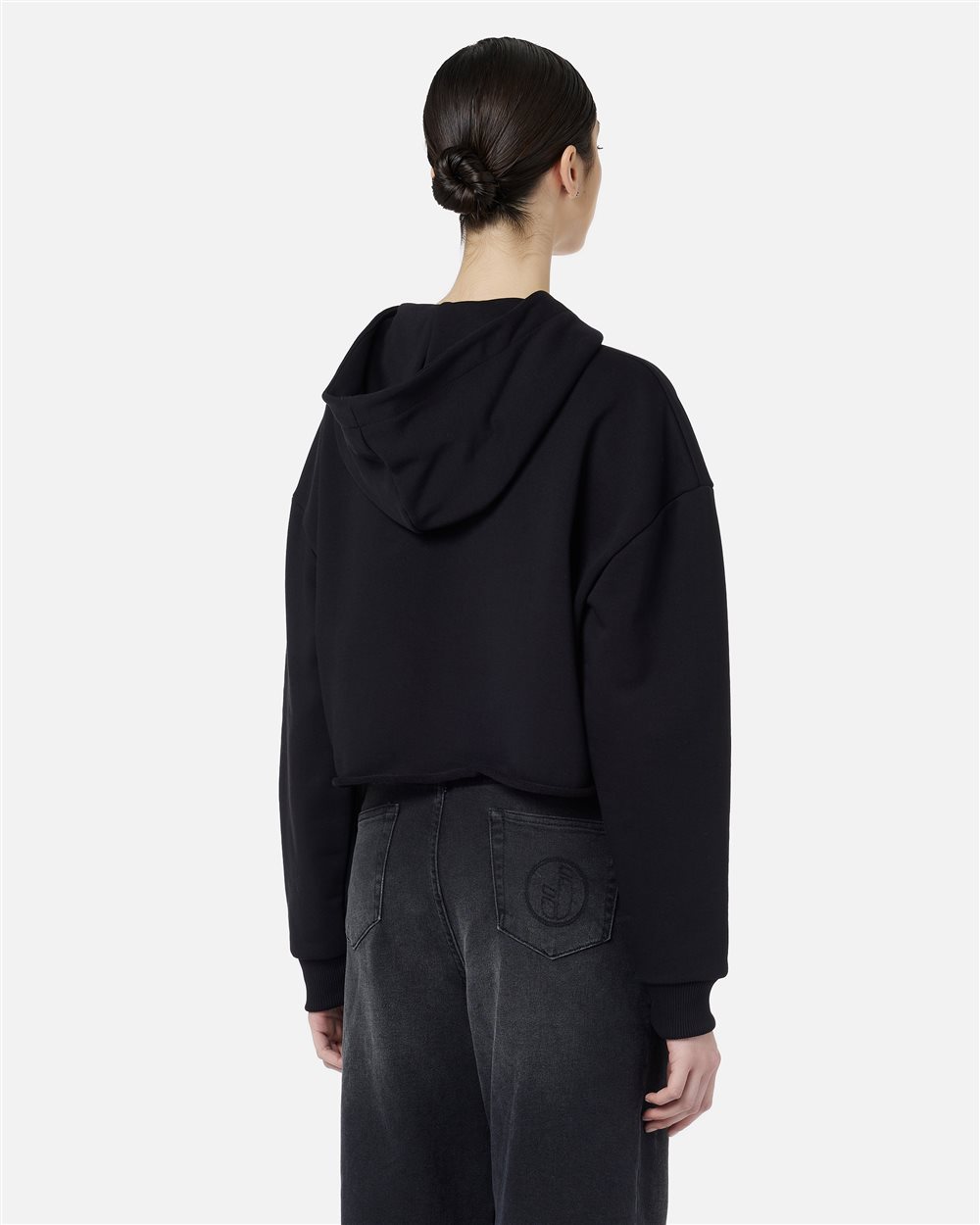 Cropped Hoodie in Black Fleece with Denim Pocket and IJ Detail - Iceberg - Official Website