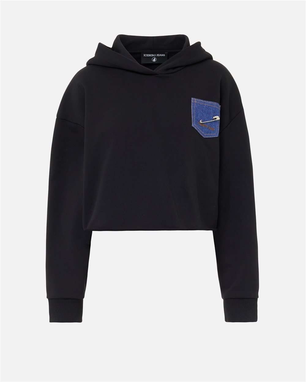 Cropped Hoodie in Black Fleece with Denim Pocket and IJ Detail - Iceberg - Official Website