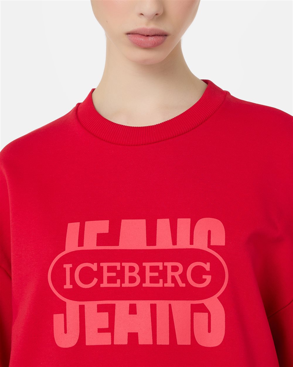 Red crewneck sweater in fleece with tonal vintage logo - Iceberg - Official Website