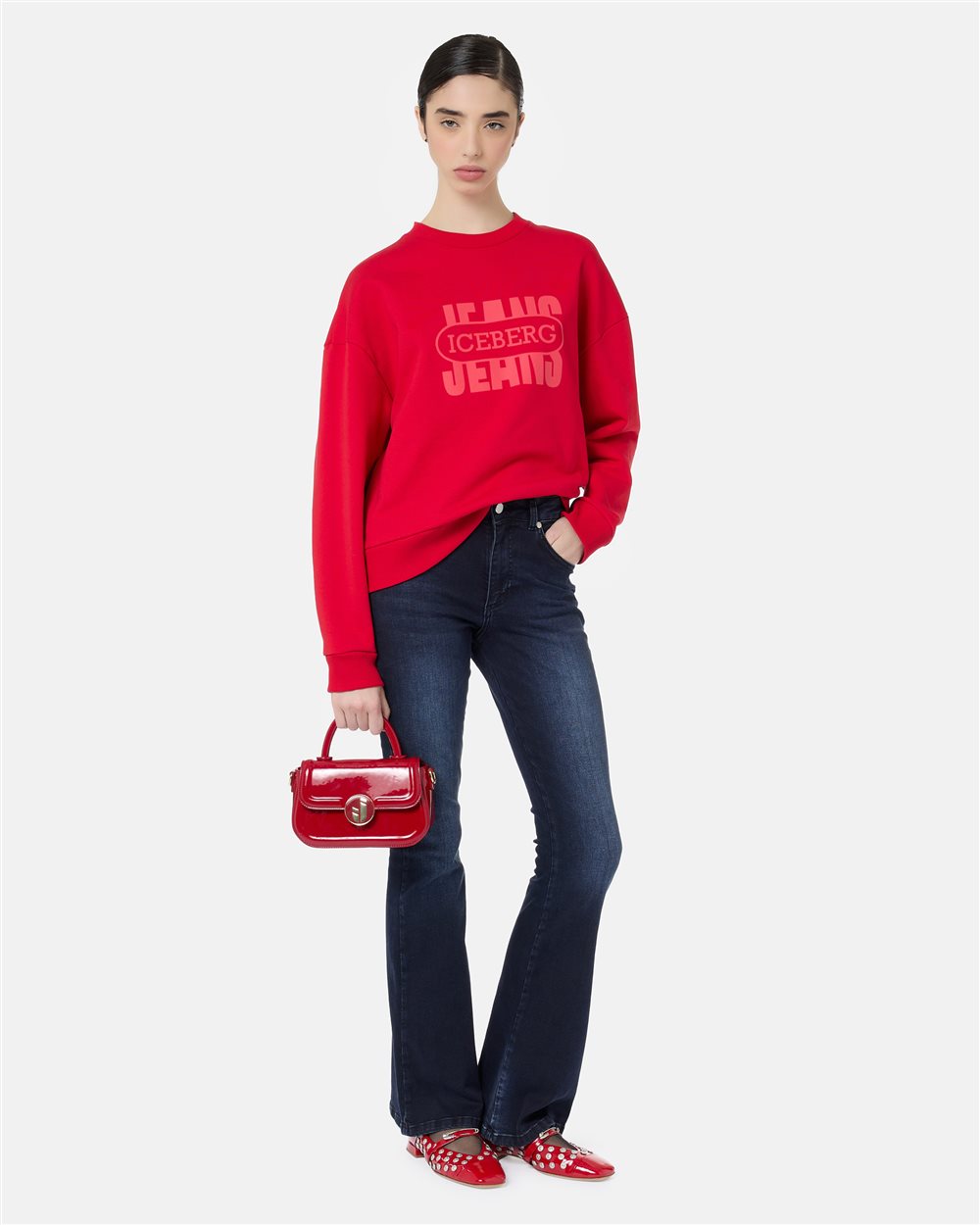 Red crewneck sweater in fleece with tonal vintage logo - Iceberg - Official Website