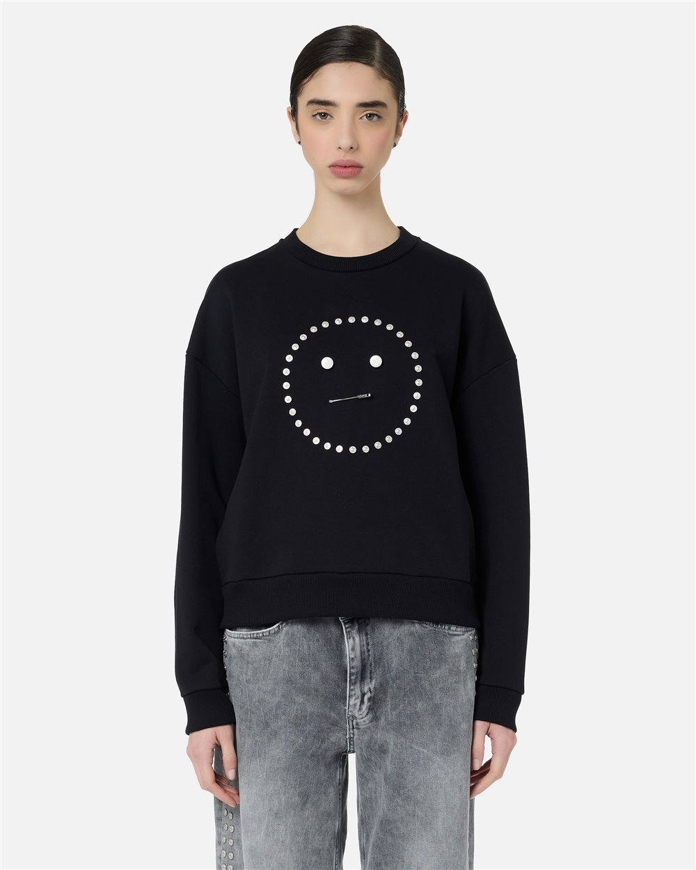Regular Fit Crewneck Pullover in Black Diagonal Fleece - Iceberg - Official Website