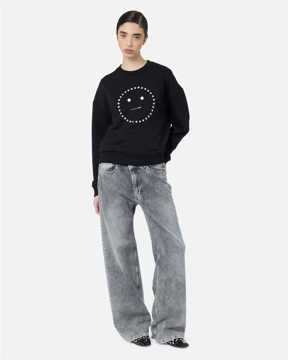 Regular Fit Crewneck Pullover in Black Diagonal Fleece - Iceberg - Official Website