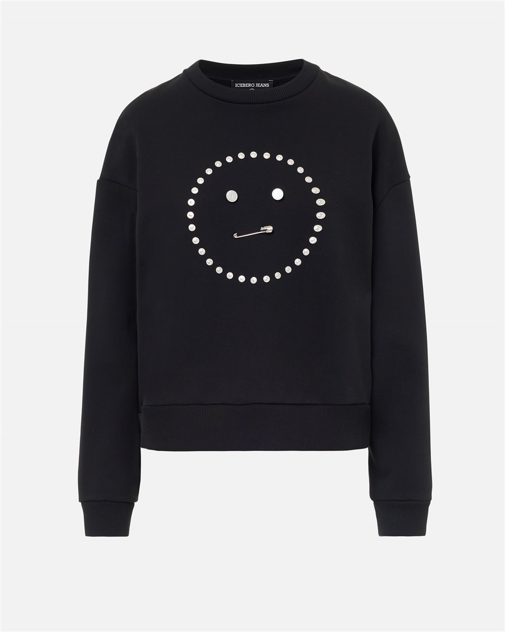 Regular Fit Crewneck Pullover in Black Diagonal Fleece - Iceberg - Official Website