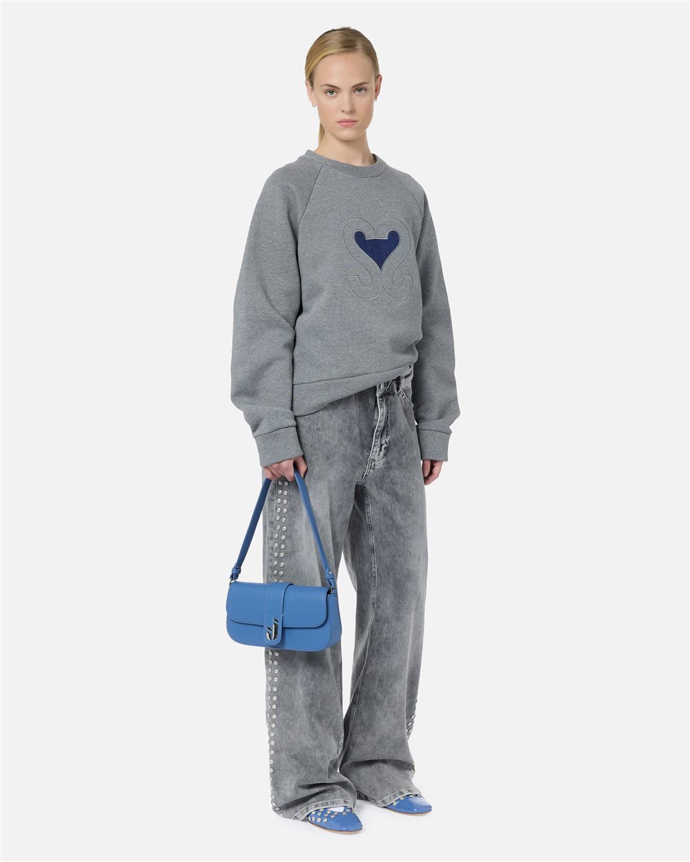 Regular-fit crewneck sweater in melange gray with denim heart and Iceberg logo - Iceberg - Official Website