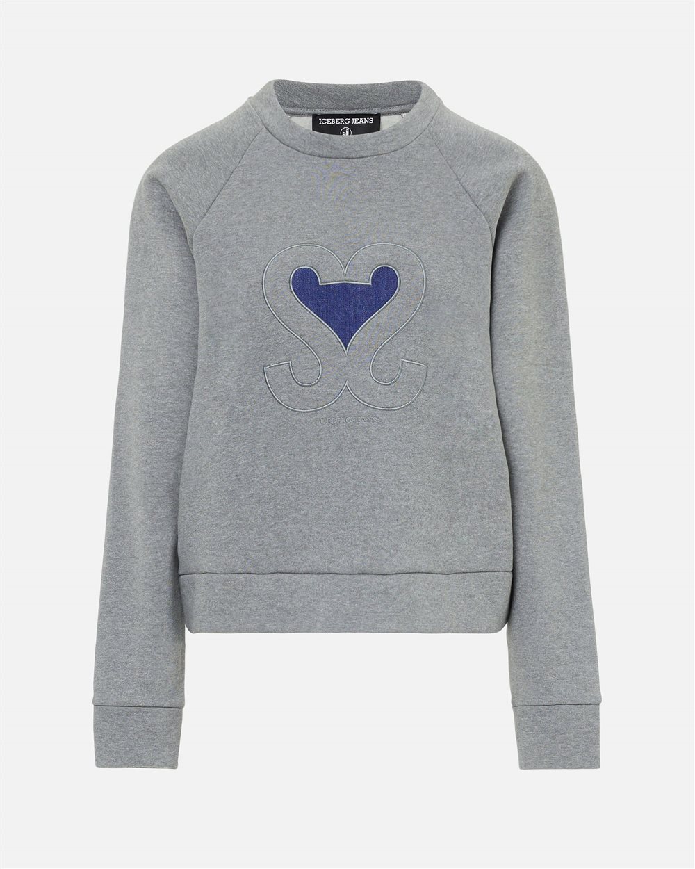 Regular-fit crewneck sweater in melange gray with denim heart and Iceberg logo - Iceberg - Official Website