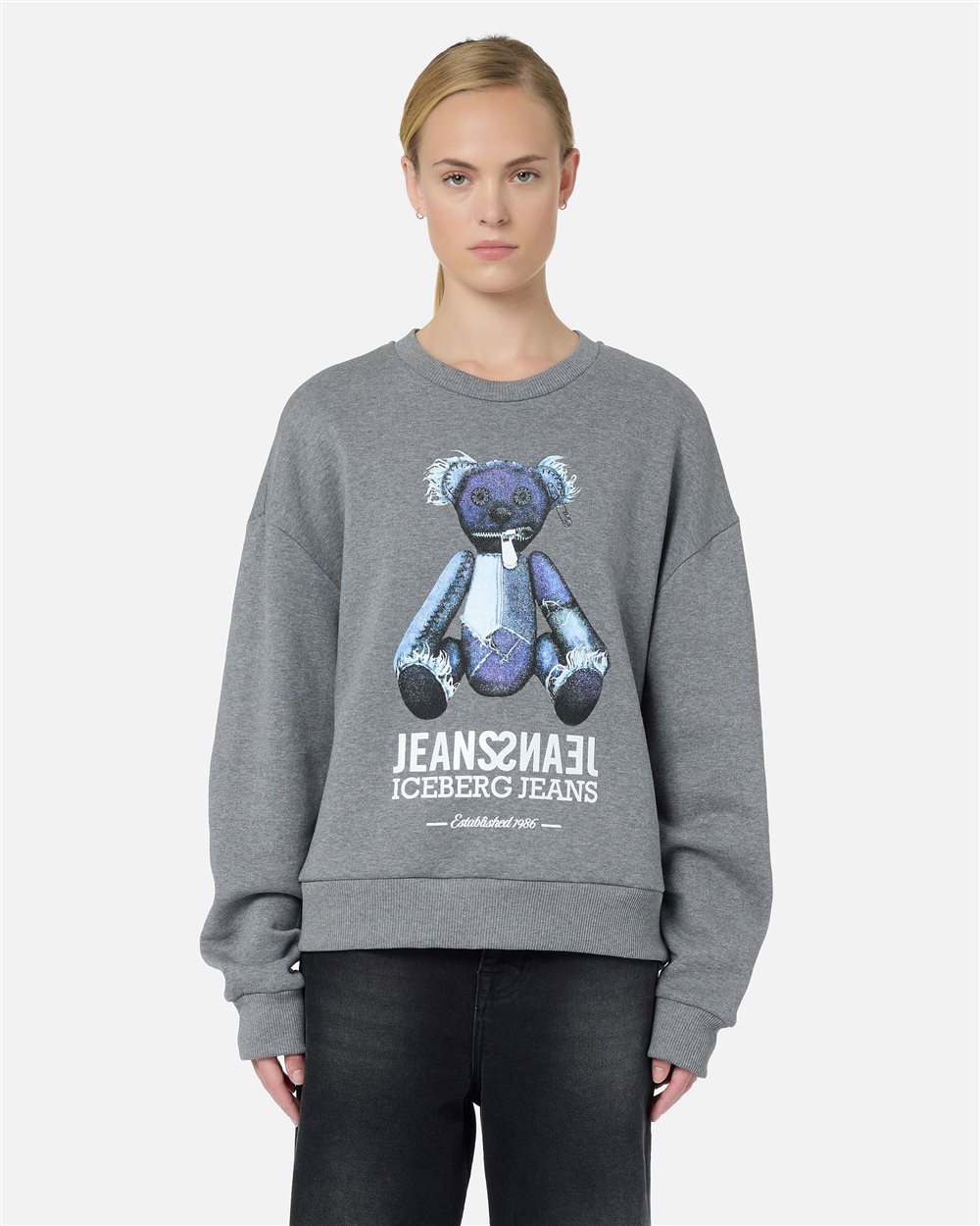 Regular-fit crewneck sweater in melange gray with a denim-effect teddy bear print - Iceberg - Official Website