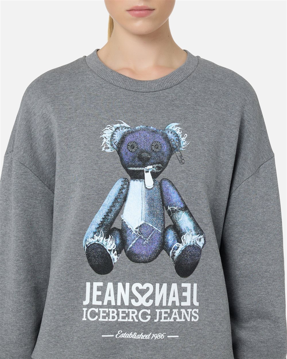 Regular-fit crewneck sweater in melange gray with a denim-effect teddy bear print - Iceberg - Official Website