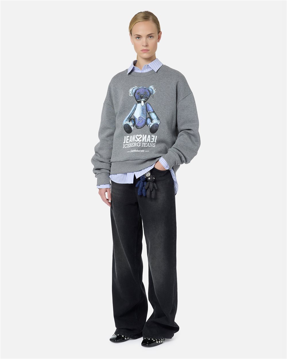 Regular-fit crewneck sweater in melange gray with a denim-effect teddy bear print - Iceberg - Official Website
