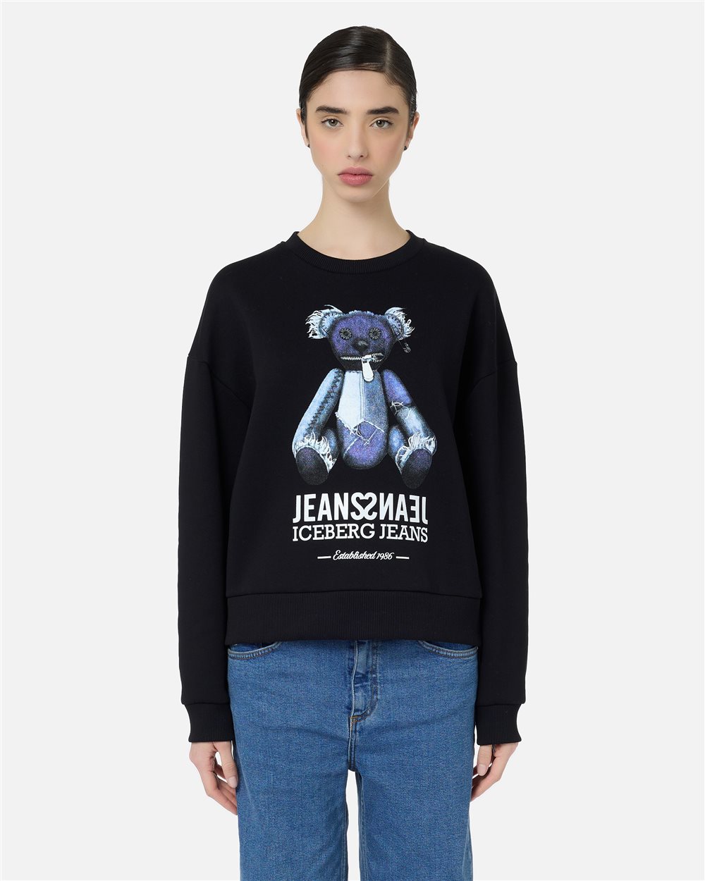 Regular-fit black crewneck sweater with denim-effect teddy bear print - Iceberg - Official Website