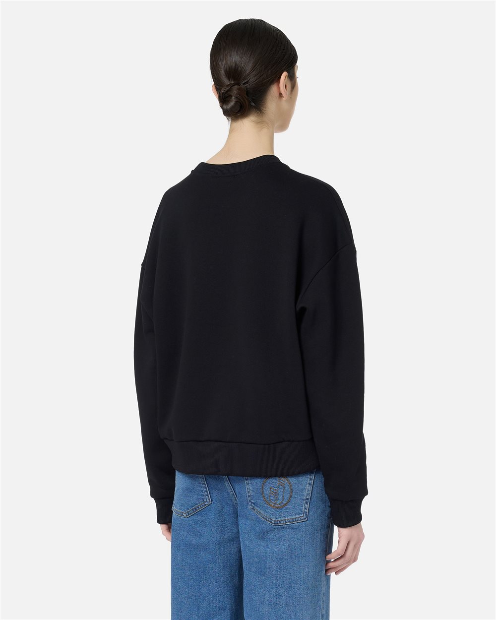 Regular-fit black crewneck sweater with denim-effect teddy bear print - Iceberg - Official Website