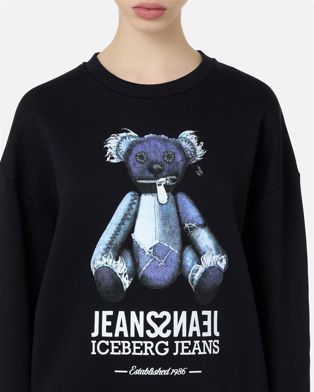 Regular-fit black crewneck sweater with denim-effect teddy bear print - Iceberg - Official Website