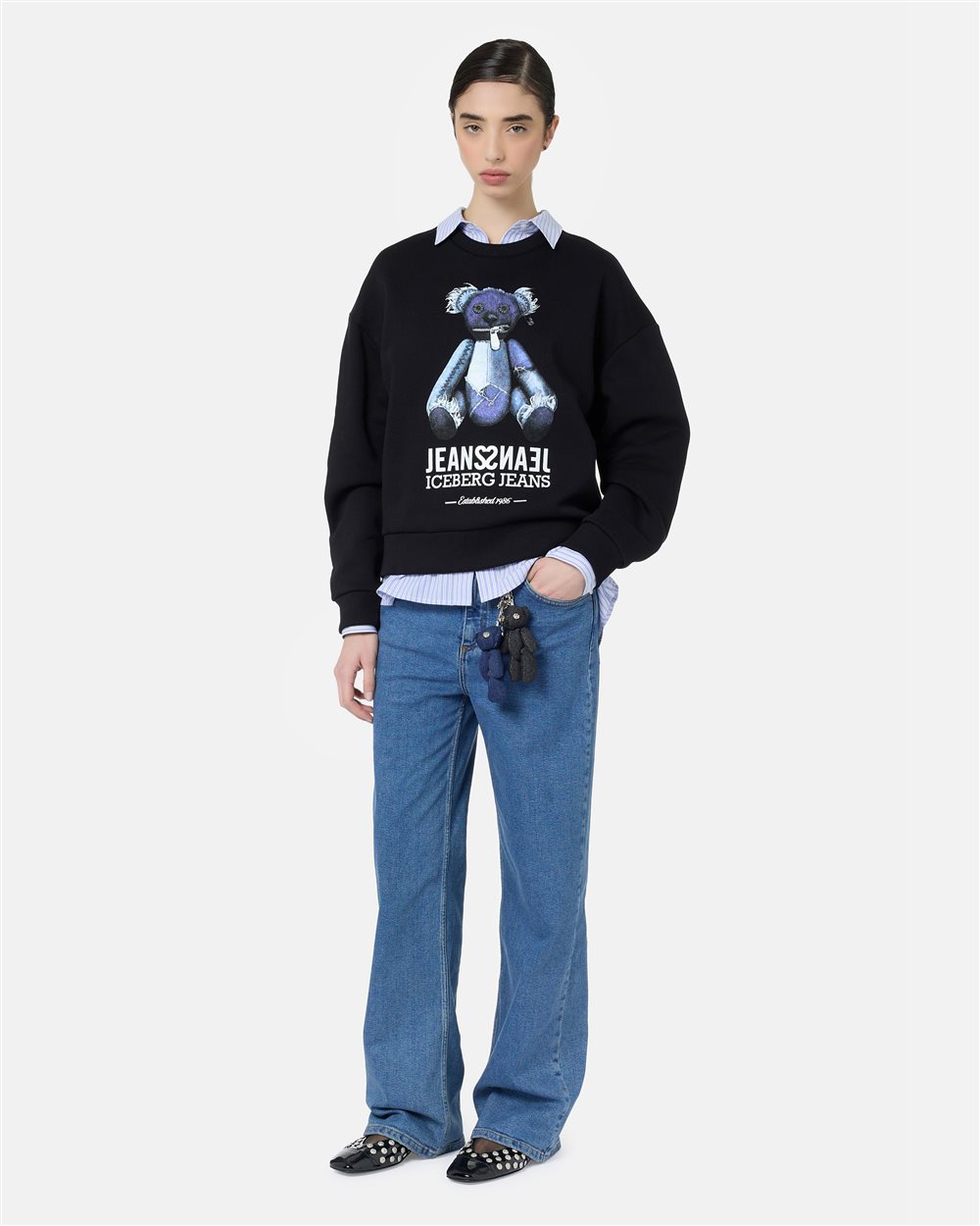 Regular-fit black crewneck sweater with denim-effect teddy bear print - Iceberg - Official Website