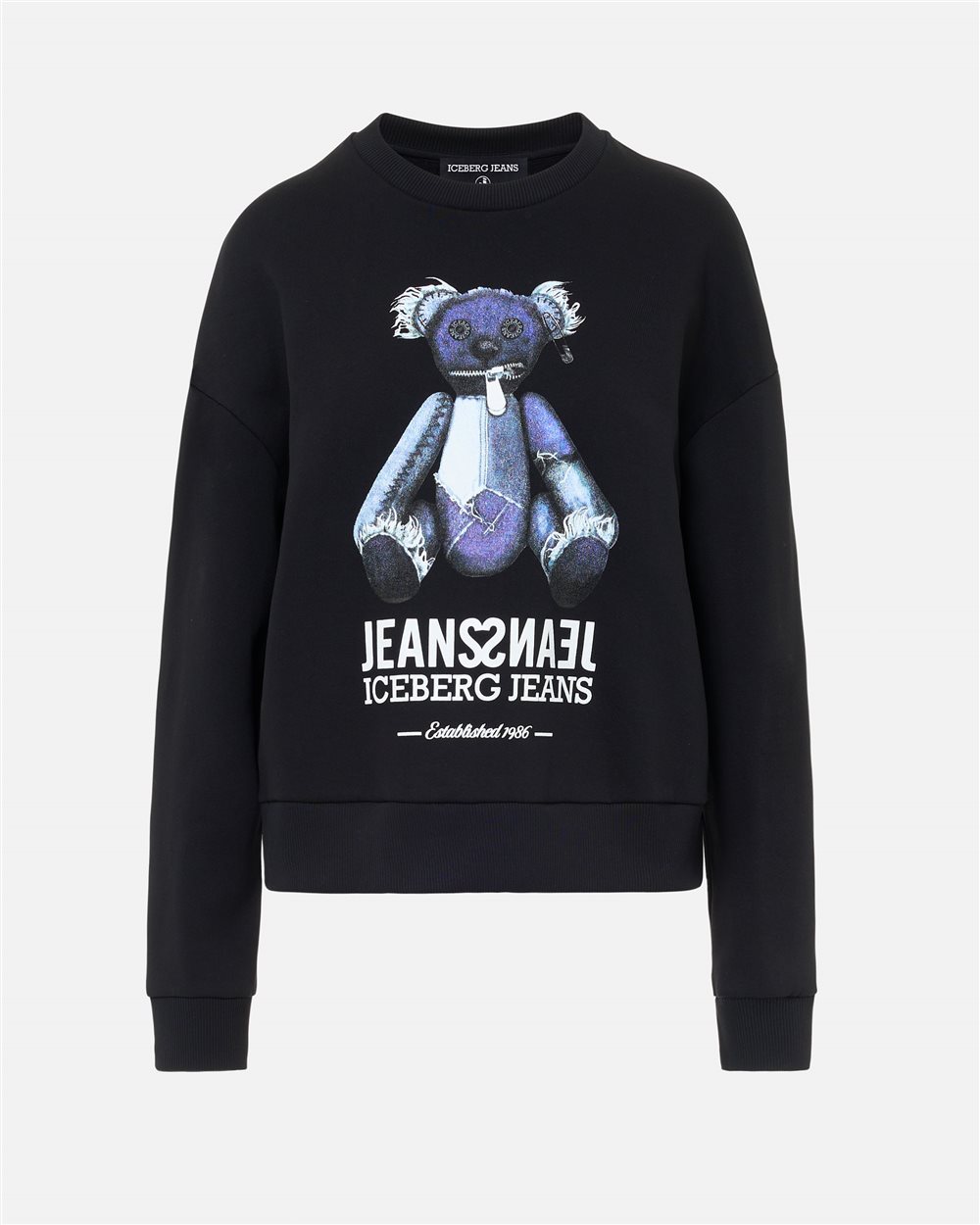 Regular-fit black crewneck sweater with denim-effect teddy bear print - Iceberg - Official Website