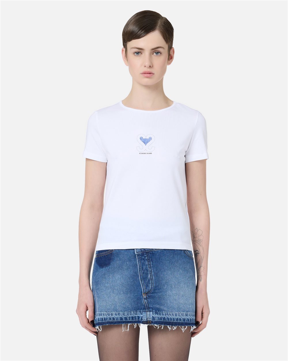 Slim-fit T-shirt in optical white with denim heart and Iceberg logo - Iceberg - Official Website