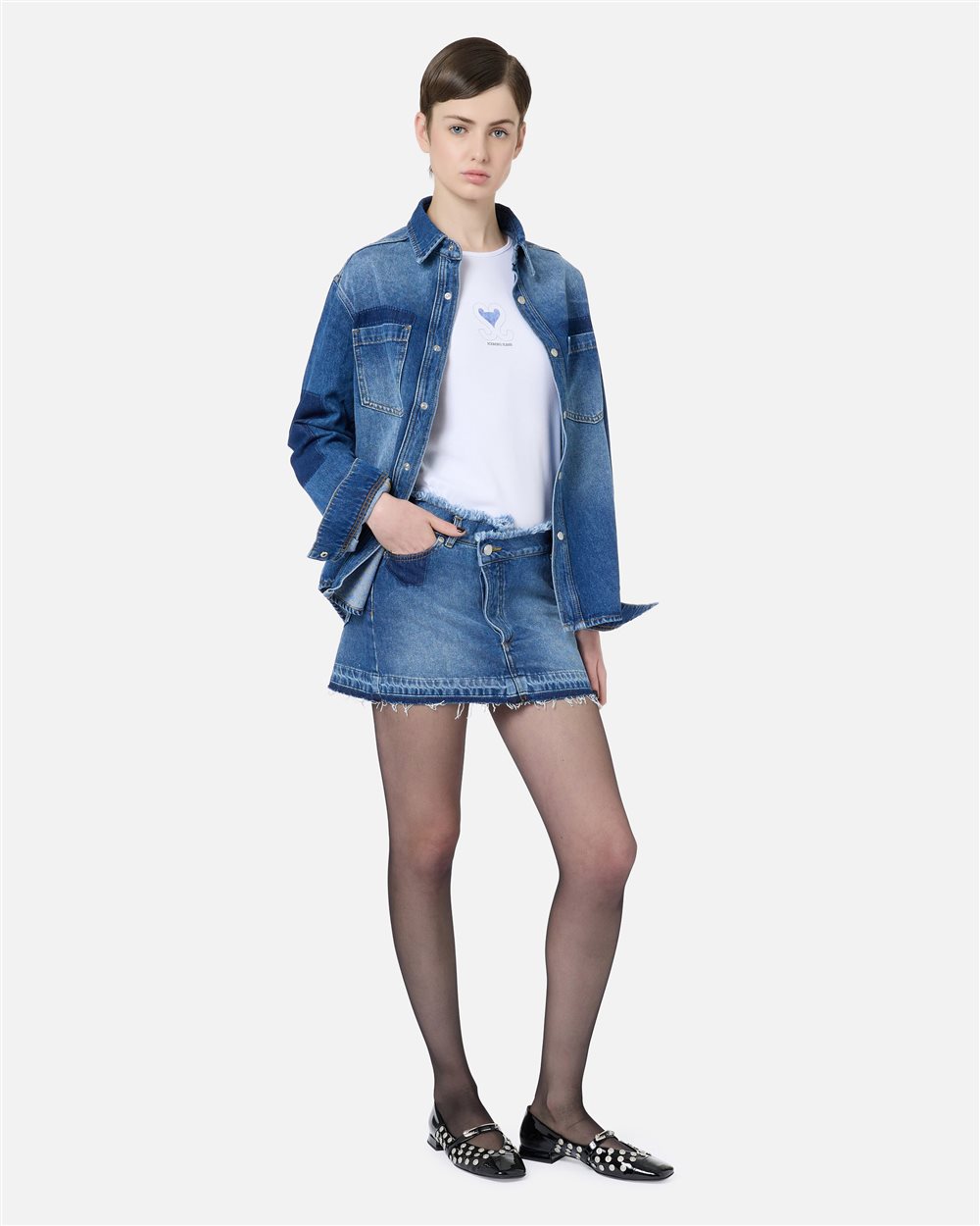 Slim-fit T-shirt in optical white with denim heart and Iceberg logo - Iceberg - Official Website