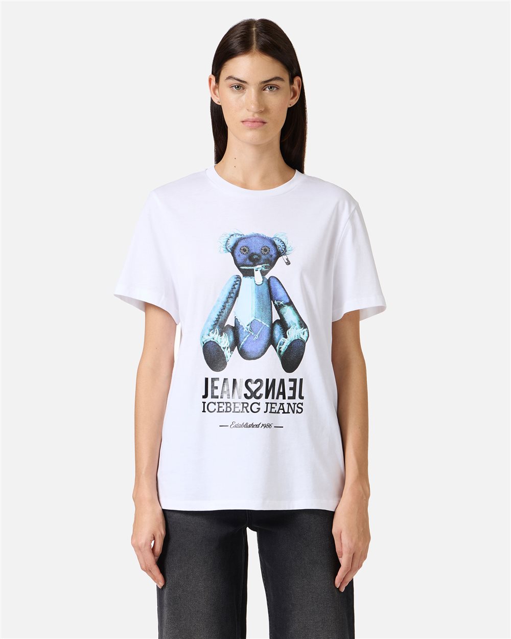 Regular-fit optical white T-shirt with denim teddy bear and shiny Iceberg logo - Iceberg - Official Website