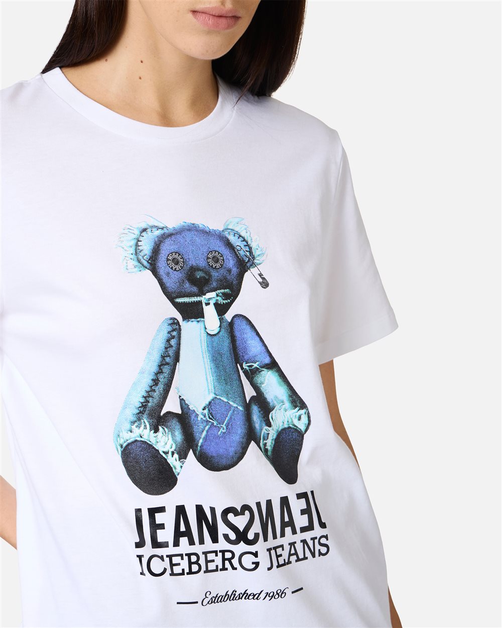 Regular-fit optical white T-shirt with denim teddy bear and shiny Iceberg logo - Iceberg - Official Website