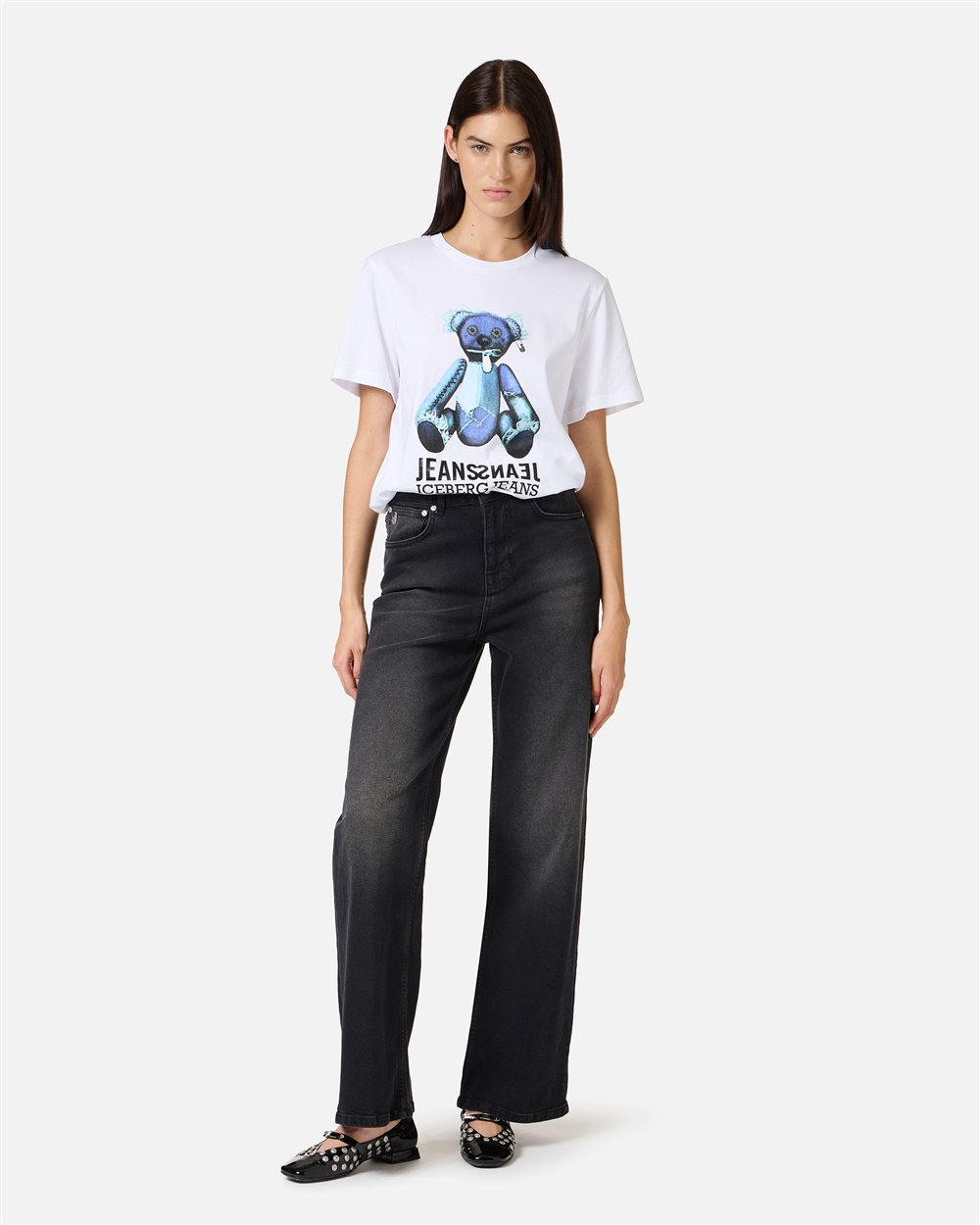 Regular-fit optical white T-shirt with denim teddy bear and shiny Iceberg logo - Iceberg - Official Website