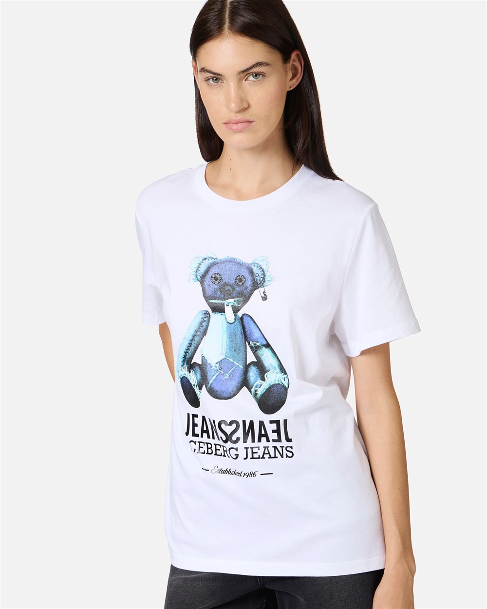 Regular-fit optical white T-shirt with denim teddy bear and shiny Iceberg logo - Iceberg - Official Website